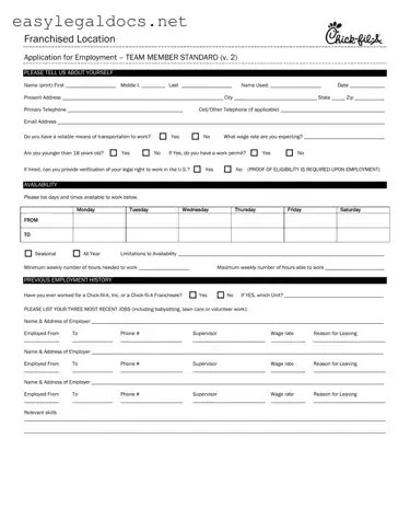 Download Chick Fil A Job Application Form