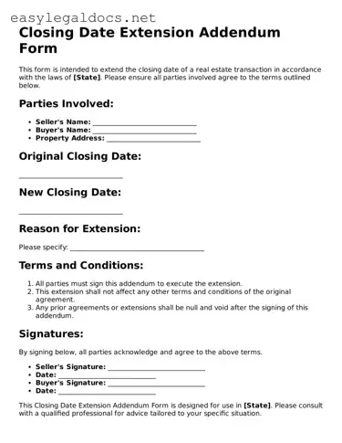 Printable Closing Date Extension Addendum Form Form