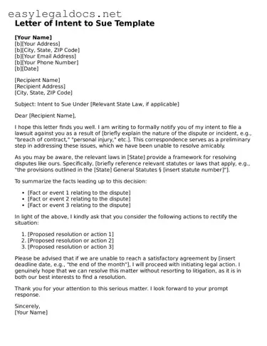 Printable Letter of Intent to Sue Form