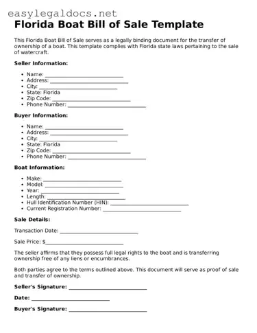 Blank  Boat Bill of Sale Form for Florida