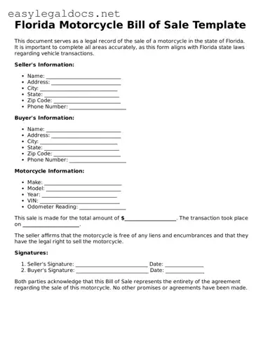 Blank  Motorcycle Bill of Sale Form for Florida