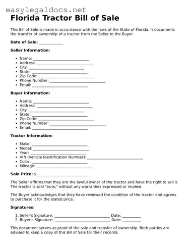 Blank  Tractor Bill of Sale Form for Florida