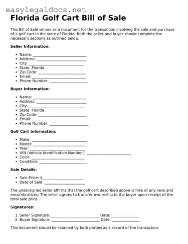 Blank  Golf Cart Bill of Sale Form for Florida