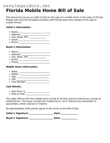 Blank  Mobile Home Bill of Sale Form for Florida