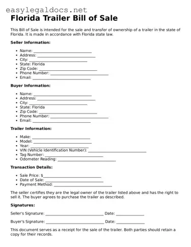 Blank  Trailer Bill of Sale Form for Florida
