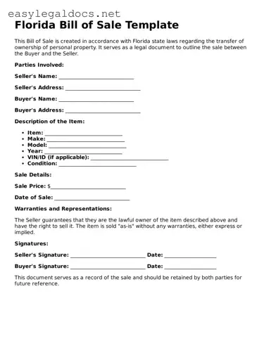 Blank  Bill of Sale Form for Florida
