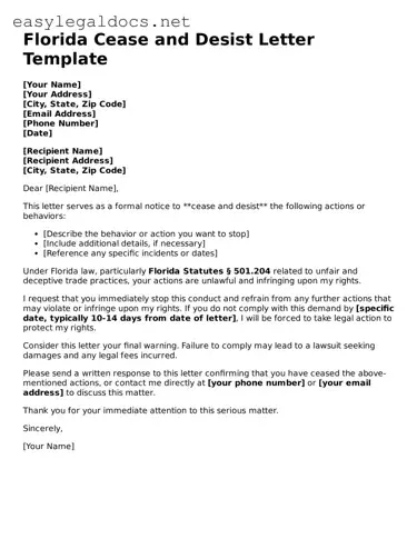 Blank  Cease and Desist Letter Form for Florida