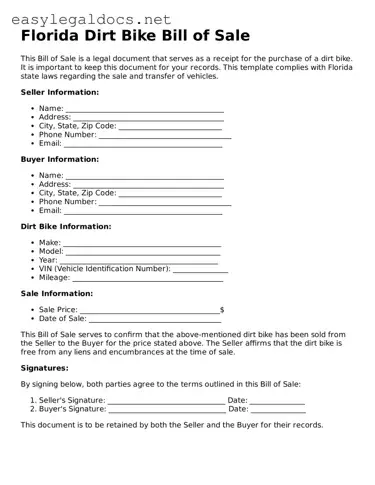 Blank  Dirt Bike Bill of Sale Form for Florida