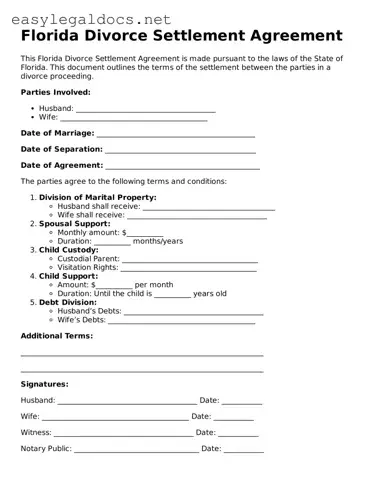 Blank  Divorce Settlement Agreement Form for Florida