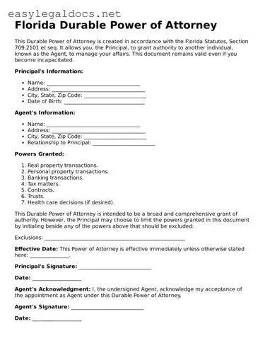 Blank  Durable Power of Attorney Form for Florida