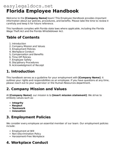 Blank  Employee Handbook Form for Florida