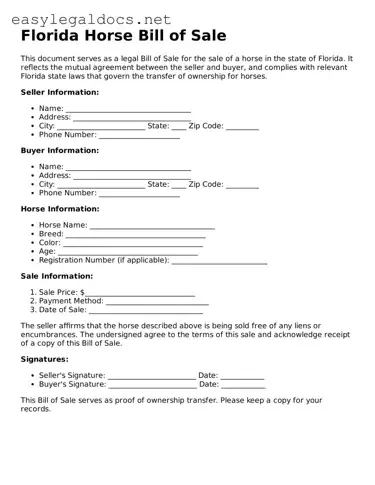 Blank  Horse Bill of Sale Form for Florida