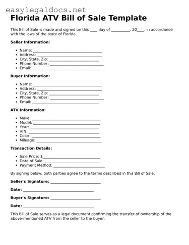 Blank  ATV Bill of Sale Form for Florida