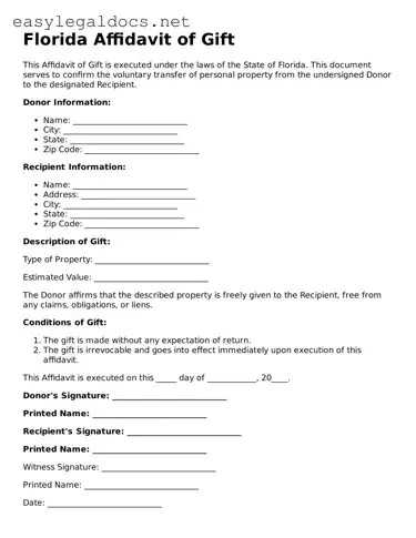 Blank  Affidavit of Gift Form for Florida