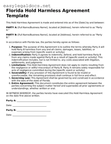 Blank  Hold Harmless Agreement Form for Florida