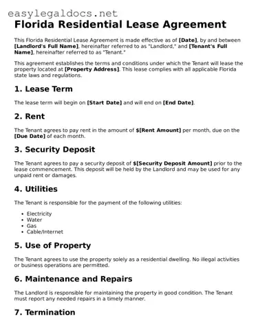 Blank  Residential Lease Agreement Form for Florida