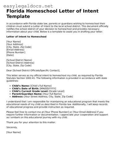 Blank  Homeschool Letter of Intent Form for Florida