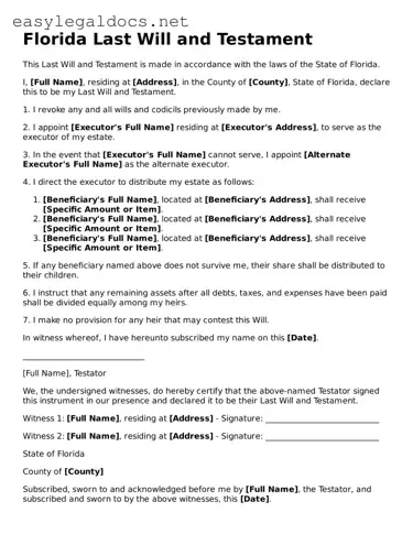 Blank  Last Will and Testament Form for Florida