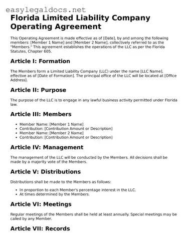 Blank  Operating Agreement Form for Florida