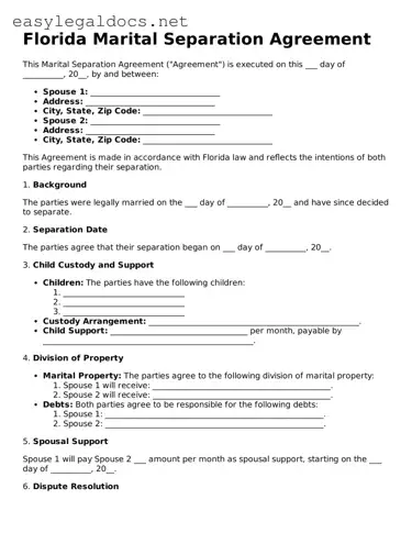 Blank  Marital Separation Agreement Form for Florida