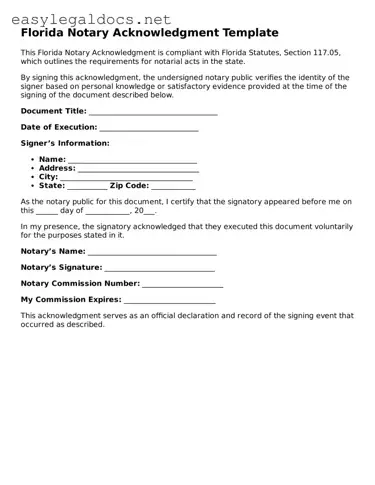 Blank  Notary Acknowledgement Form for Florida