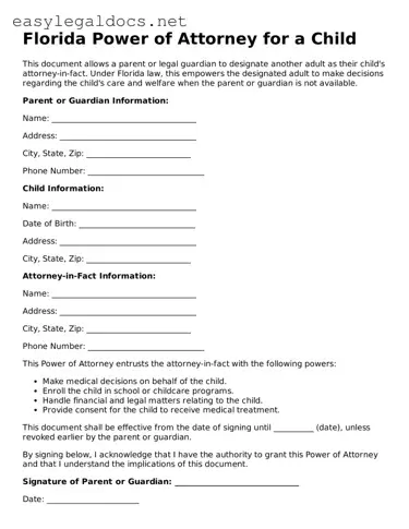 Blank  Power of Attorney for a Child Form for Florida
