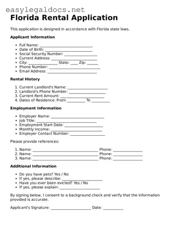 Blank  Rental Application Form for Florida