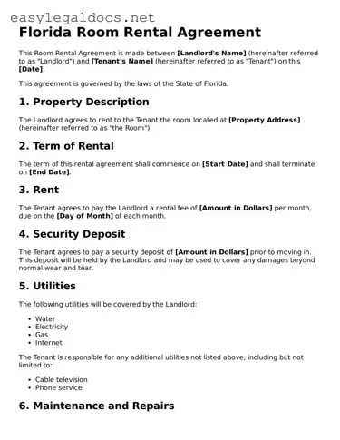 Blank  Room Rental Agreement Form for Florida