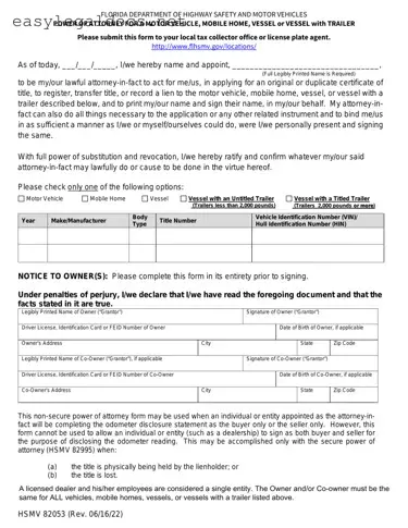 Download Florida Vehicle POA form 82053 Form