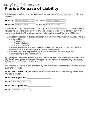 Blank  Release of Liability Form for Florida