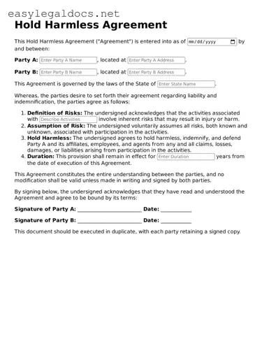 Printable Hold Harmless Agreement Form