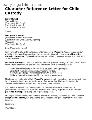 Printable Character Reference Letter for Child Custody Form