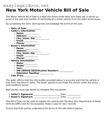 Blank  Motor Vehicle Bill of Sale Form for New York