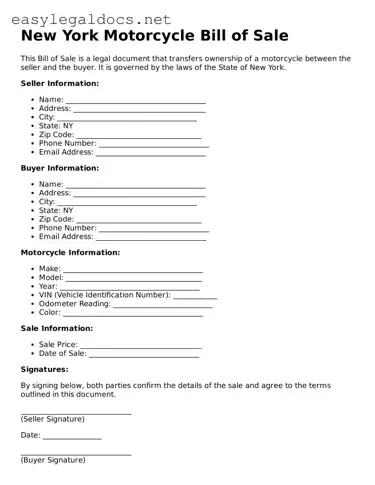 Blank  Motorcycle Bill of Sale Form for New York