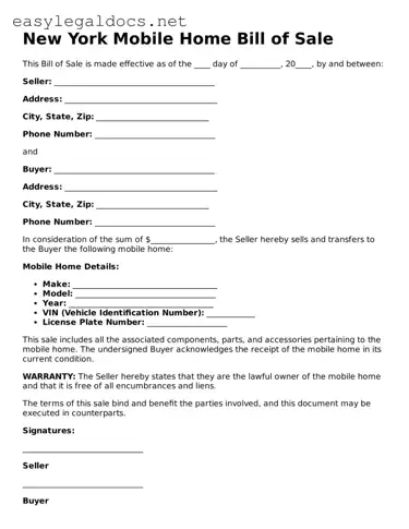 Blank  Mobile Home Bill of Sale Form for New York