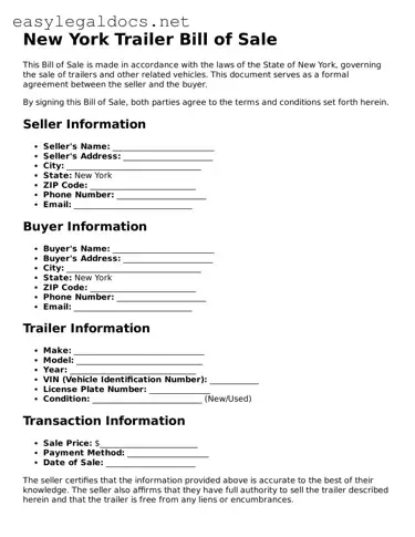 Blank  Trailer Bill of Sale Form for New York