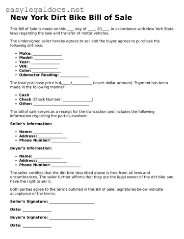 Blank  Dirt Bike Bill of Sale Form for New York