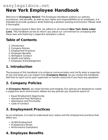 Blank  Employee Handbook Form for New York
