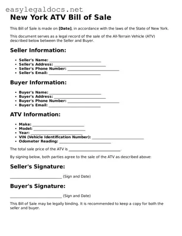 Blank  ATV Bill of Sale Form for New York
