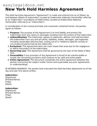 Blank  Hold Harmless Agreement Form for New York