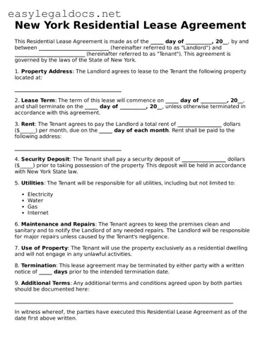 Blank  Residential Lease Agreement Form for New York