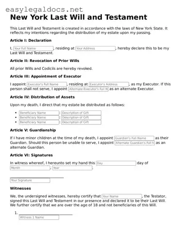 Blank  Last Will and Testament Form for New York