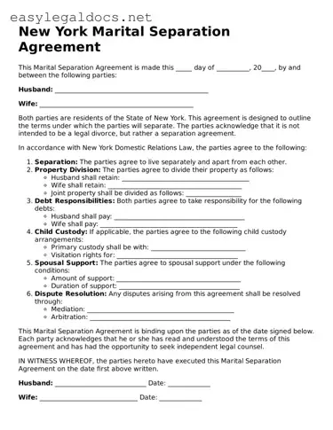 Blank  Marital Separation Agreement Form for New York