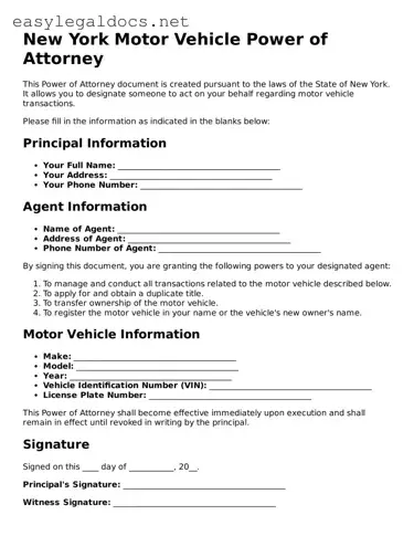 Blank  Motor Vehicle Power of Attorney Form for New York