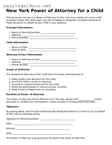 Blank  Power of Attorney for a Child Form for New York