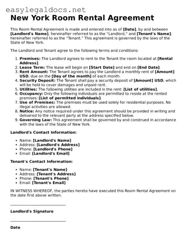 Blank  Room Rental Agreement Form for New York
