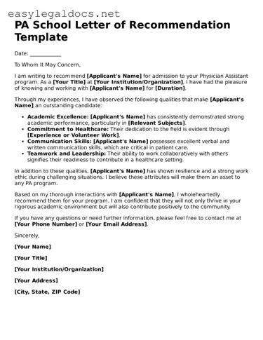 Printable PA School Letter of Recommendation Form