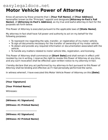 Printable Motor Vehicle Power of Attorney Form