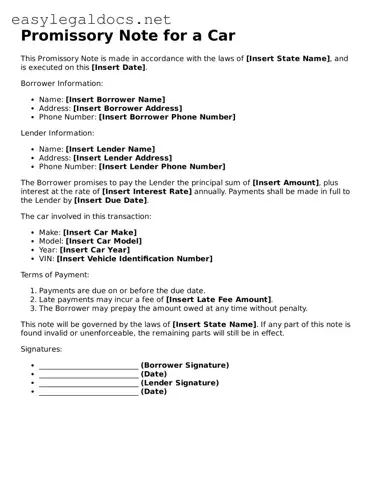 Printable Promissory Note for a Car Form