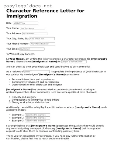Printable Character Reference Letter for Immigration Form